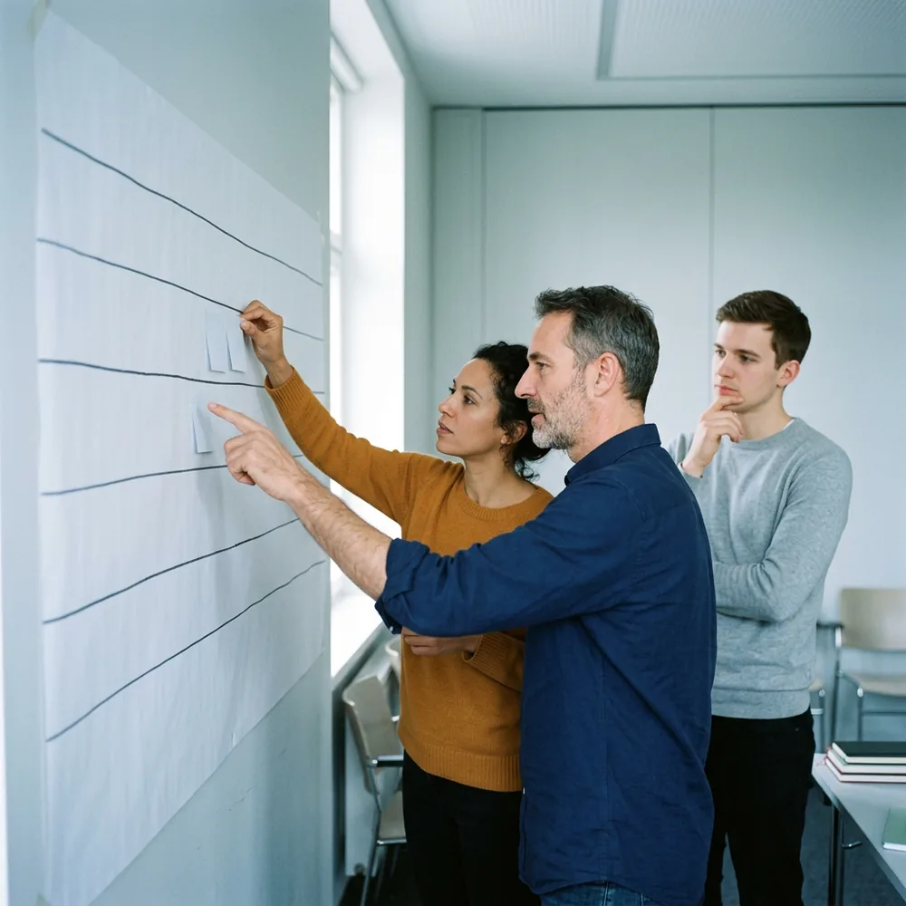 Three colleagues at a paper-covered wall during a process mapping workshop, one pointing at a step along a lane, one pressing a blank note onto the paper and one listening