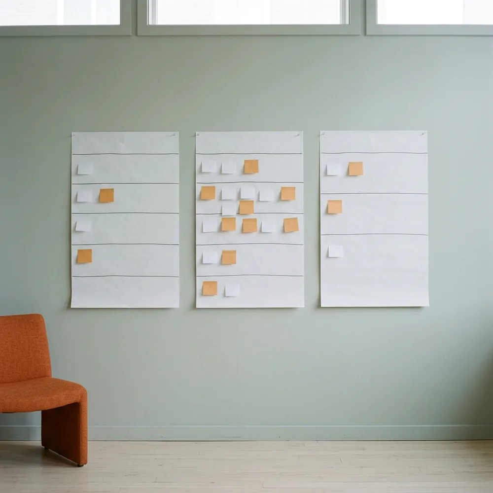 Three separate strips of ruled paper pinned side by side on a wall, each with a different number of empty swimlanes and a different density of blank notes, standing for order-to-cash, procure-to-pay and record-to-report