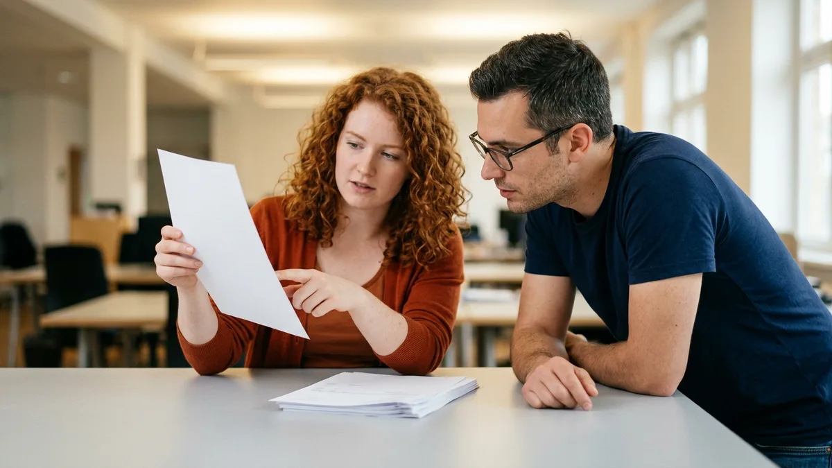 Product designer in an orange cardigan pointing at an invoice page while an engineer in glasses leans in, reviewing what an AI extraction tool pulled from it