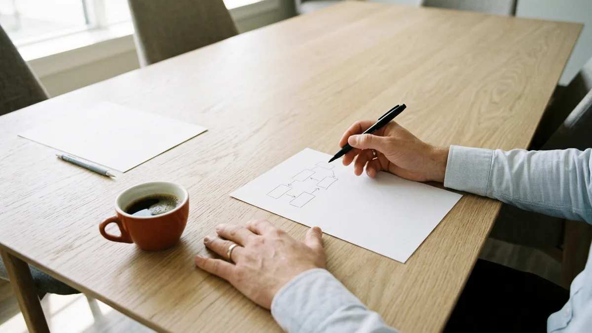 Product designer candidate sketching a simple flow of boxes and arrows on paper with a black pen beside an orange coffee cup during an interview