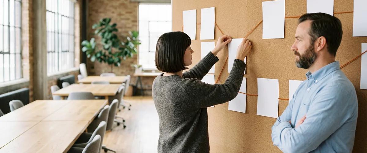 Product designer pinning blank paper cards connected by orange yarn to a corkboard journey wall while a product manager with folded arms watches
