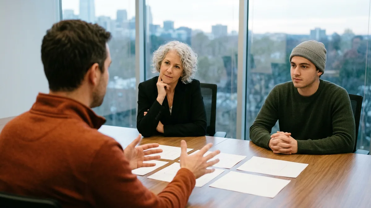 Product designer candidate in an orange pullover explaining paper sketches to a product manager and an engineer across a conference table