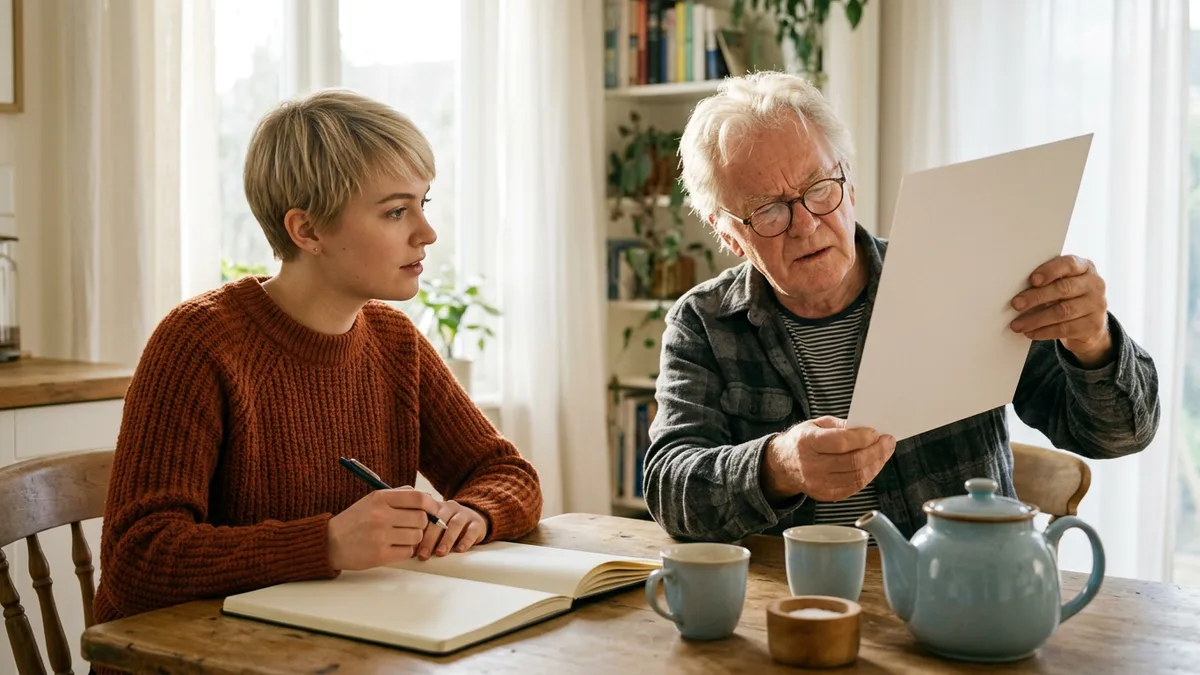 Product designer in an orange sweater taking notes while an older man in reading glasses holds a card at arm length during an accessibility session at a kitchen table