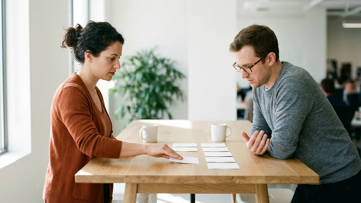 Design director in an orange cardigan sliding a blank paper screen toward a software engineer who studies a row of cards, the designer and engineer pairing a product designer posting should describe