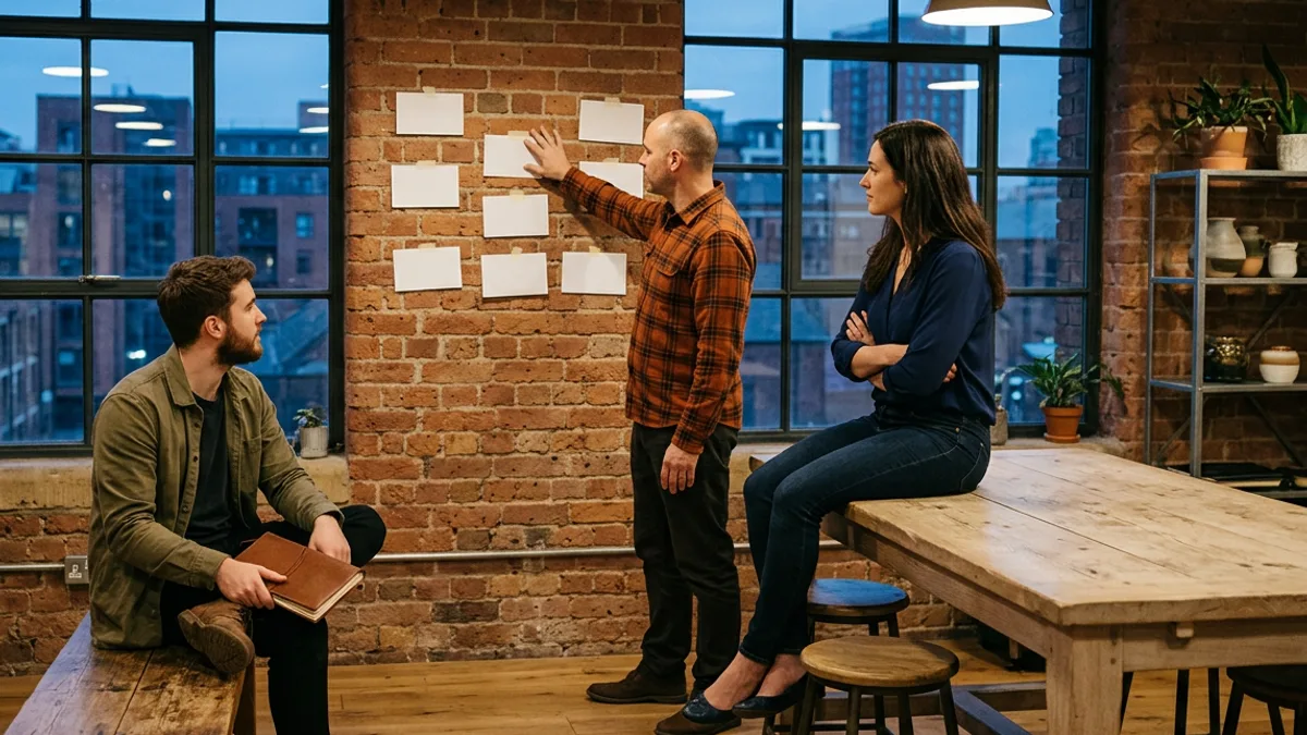 Small product team in a brick loft office at dusk, one member pinning blank cards to the wall while two colleagues watch, city skyline through arched windows
