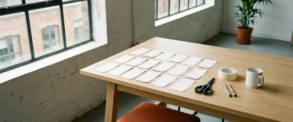 Empty loft design studio table covered in blank paper phone-screen prototype cards with scissors, masking tape, pens, a white mug, and a burnt orange stool