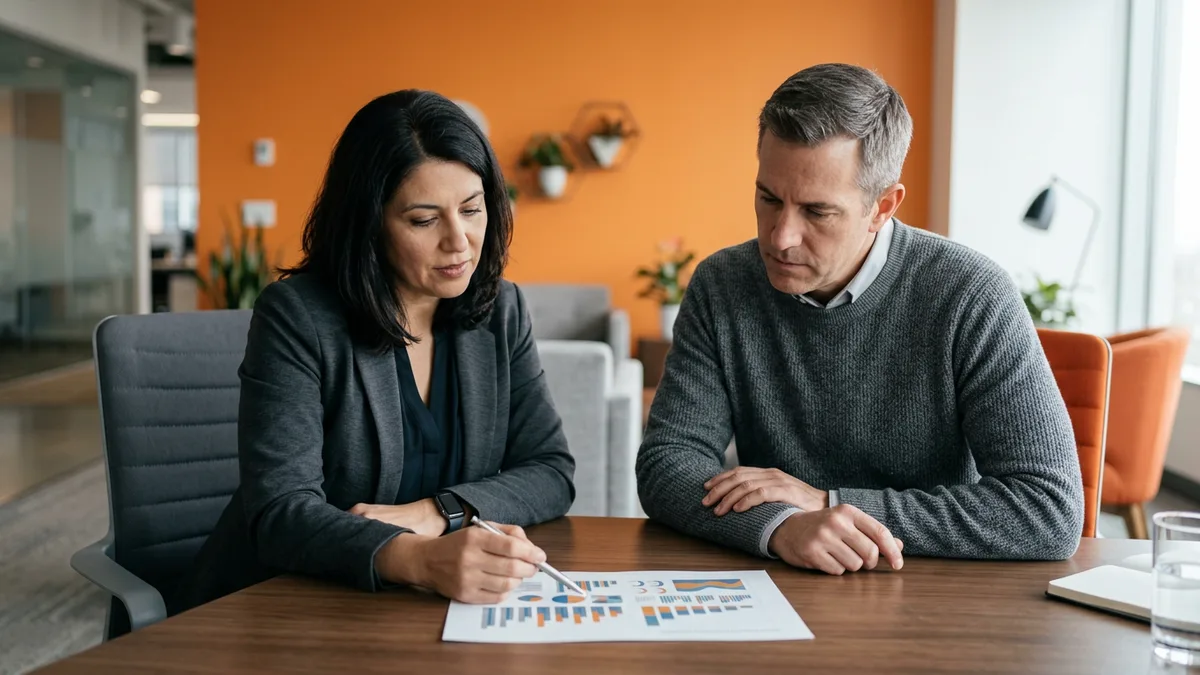 Engineering VP and finance partner reviewing a printed project budget chart together at a conference table