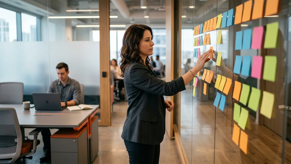 Project manager in a charcoal blazer placing a card on a glass planning wall of sticky notes in an office, the kind of seat priced in contract project manager bill rates