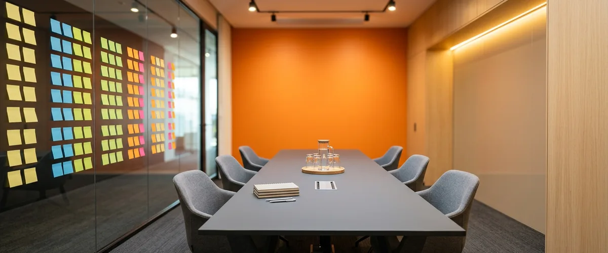 Empty project war room with a glass wall of colored sticky notes, an orange accent wall, and a long gray table with six chairs