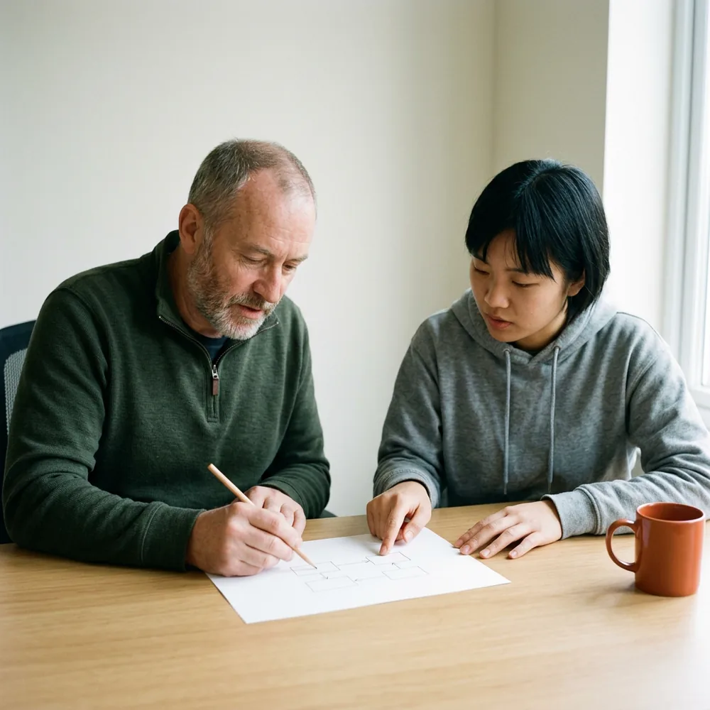 An older contract engineer sketching a box diagram in pencil for a younger in-house engineer who points at one box, adding a person to a late project without slowing it down