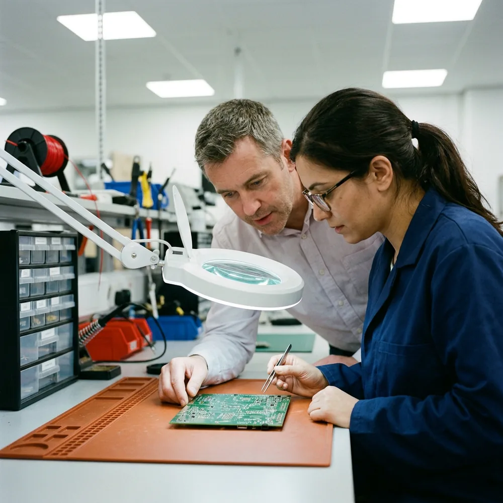 A contract test engineer with tweezers and an in-house hardware engineer examining a green circuit board under a magnifier lamp on an orange anti-static mat