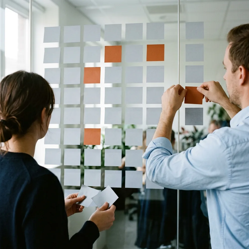 A man moving one orange sticky note into a short column on a glass wall of grey notes while a colleague holds two more, freezing new scope during a project turnaround