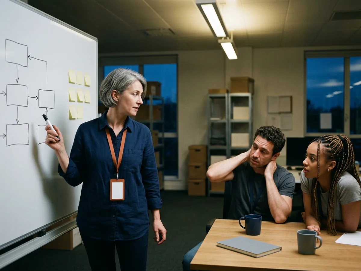 A contract turnaround lead at a whiteboard of boxes and arrows, turning to talk with two tired in-house engineers at a table in the evening, an example of failing project staffing help