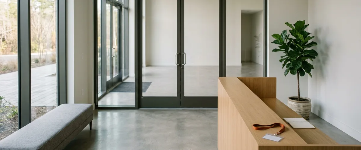 Quiet office lobby with glass double doors, a gray bench, and an orange lanyard with a blank badge holder on a light-oak reception desk