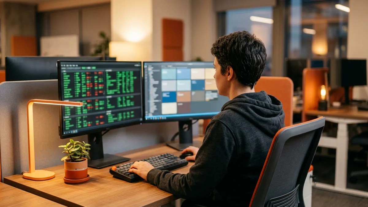 Test automation engineer in a charcoal hoodie at a two-monitor desk reviewing rows of green and red automated test results beside an orange desk lamp