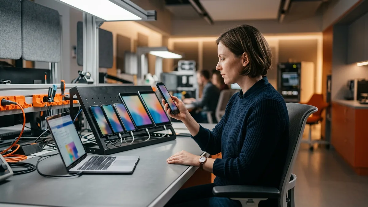 QA test engineer in a navy sweater checking an app on a phone at a device testing bench with a rack of smartphones and tablets beside a laptop
