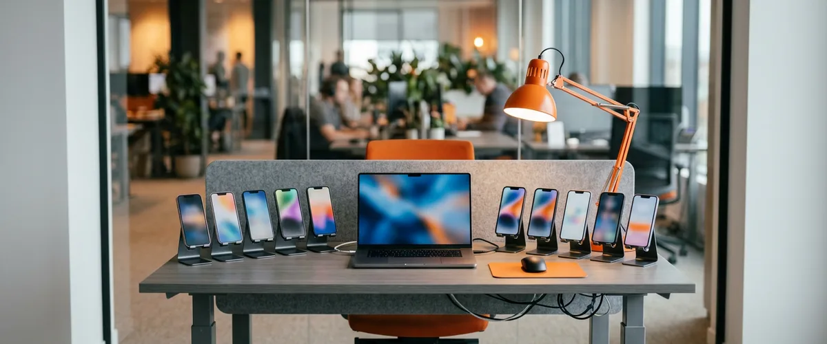 QA workstation with a laptop in the center flanked by two rows of test smartphones on stands and an orange desk lamp in an open office