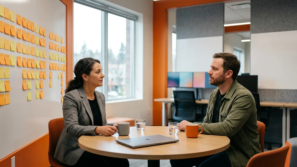 Engineering manager in a gray blazer and a contract QA tester in a green jacket talking across a round table in front of a wall of orange and yellow sticky notes mapping a release timeline