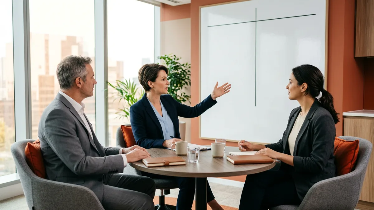 Three technology and finance leaders at a round table planning two 2027 headcount scenarios against a two-column whiteboard