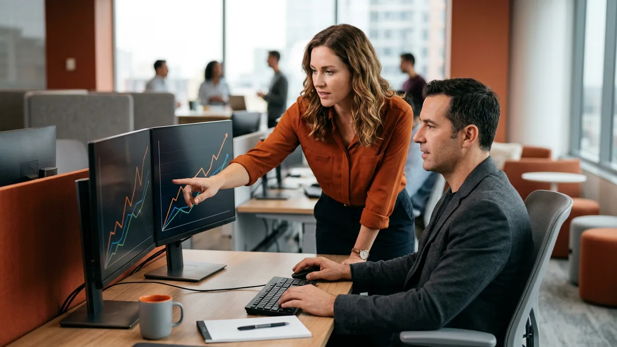 Finance executive in a rust-orange blouse pointing at rising rate trend lines on a monitor while an IT director reviews 2027 hiring budgets
