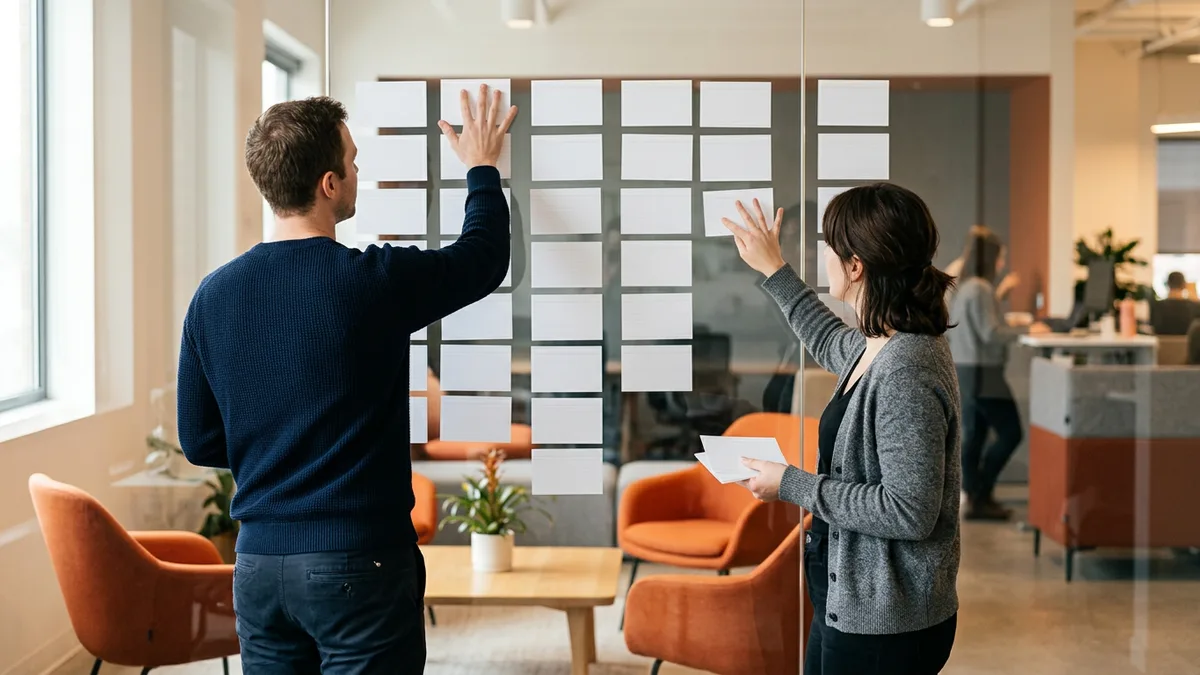 Two colleagues arranging blank requisition cards into columns on a glass wall to rank open roles by time to productivity