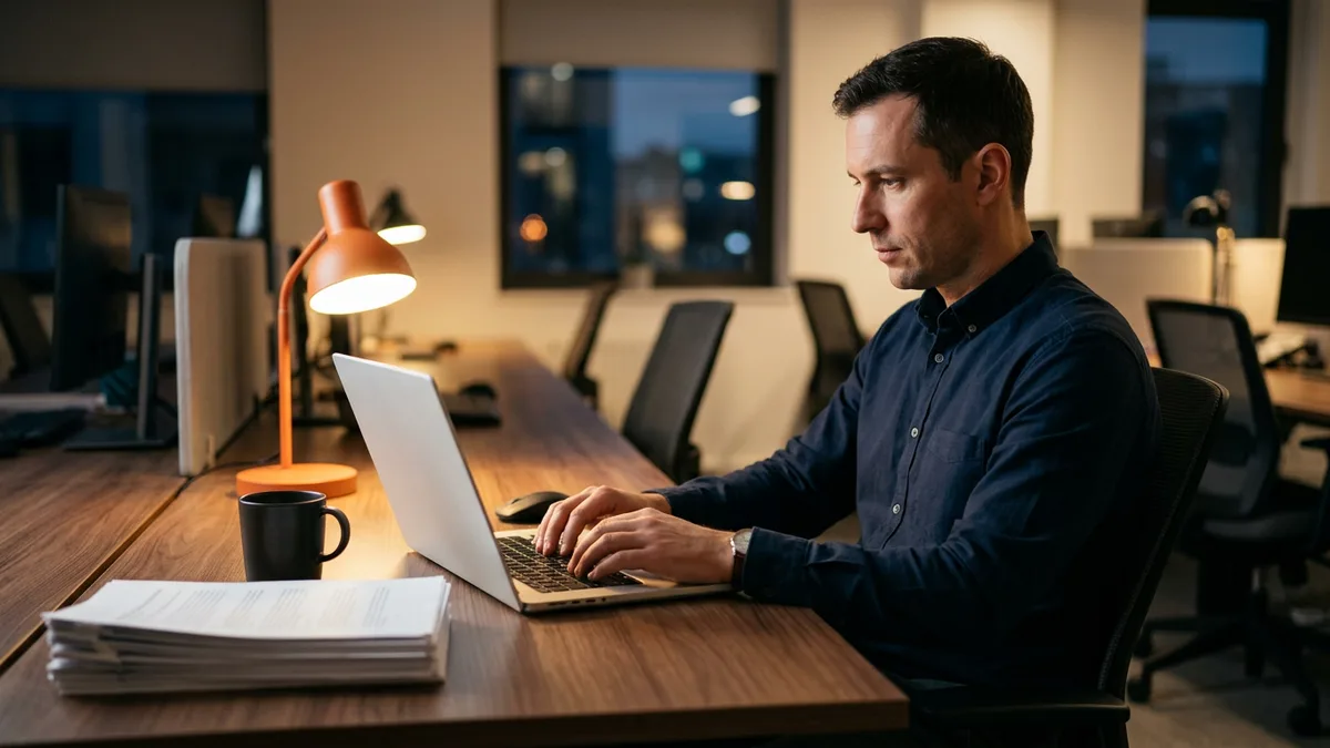 Hiring manager in a navy shirt working late at a laptop beside a stack of printed resumes under an orange desk lamp