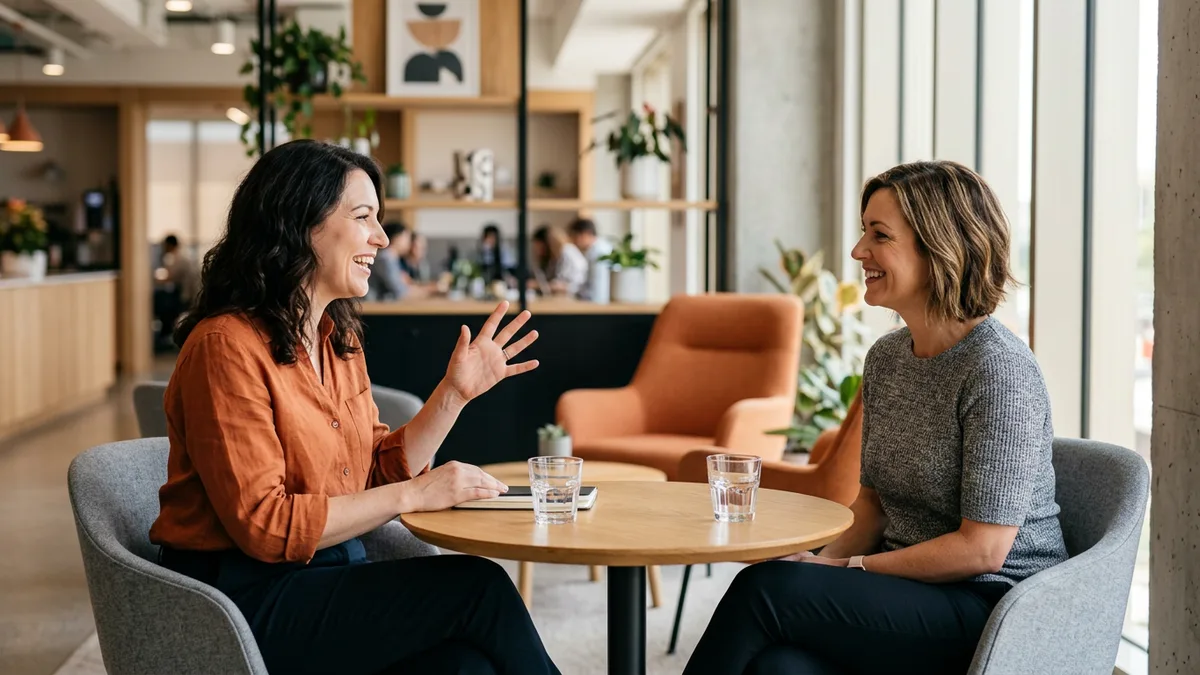 Recruiter in a rust-orange blouse talking with an agency client in a gray top at a round breakout table by tall windows