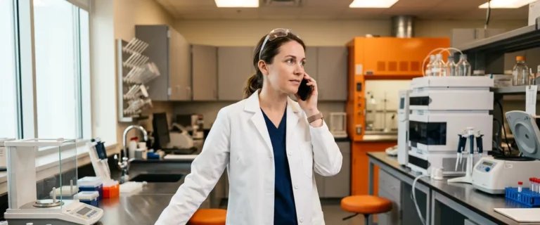 QC laboratory manager in a white lab coat on a phone call in a small biotech lab, arranging recruitment support
