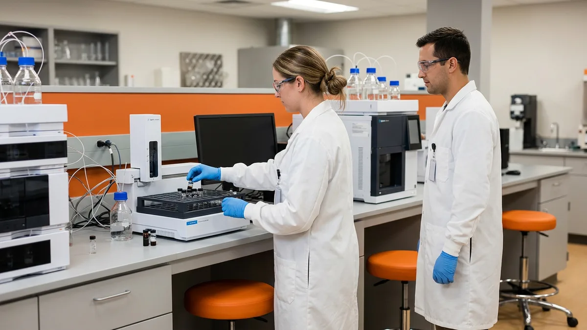 Two quality control analysts in lab coats loading a vial into an HPLC autosampler in a small pharmaceutical lab