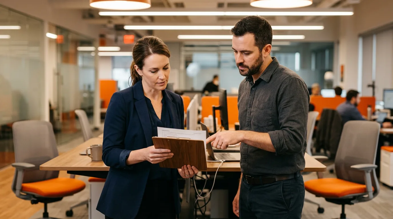 Hiring manager and IT administrator reviewing a least-privilege access checklist for a new remote contractor's first day