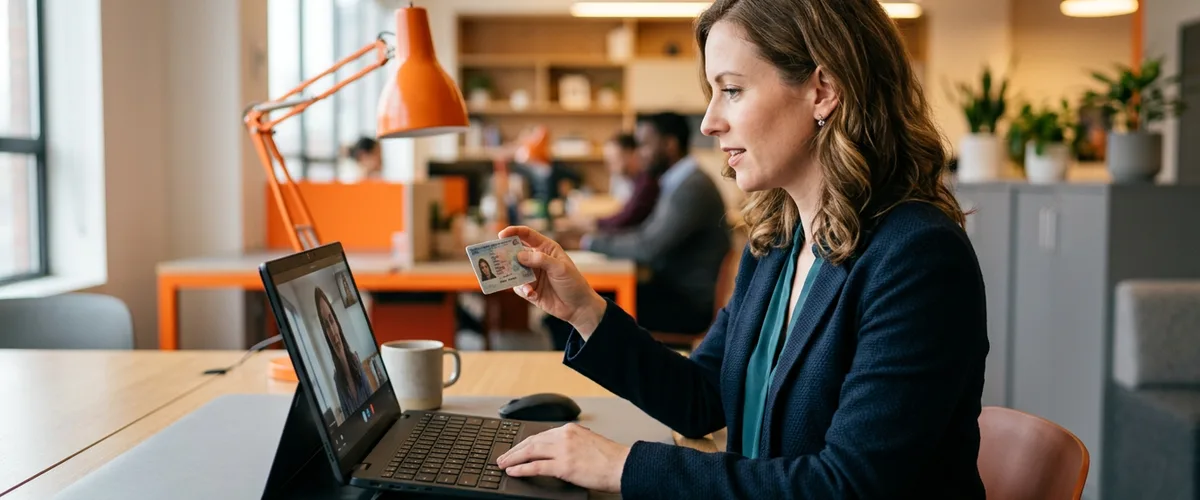 Recruiter holding up a government ID to a webcam for live identity verification during a remote job interview