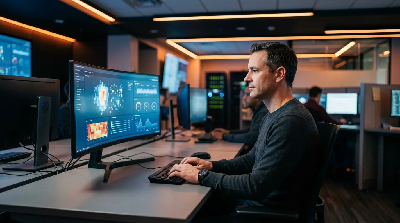 IT security analyst reviewing a flagged new-hire laptop login on a monitor in a security operations center