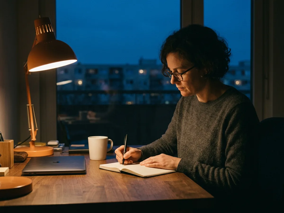 Database administrator in reading glasses writing in a paper notebook at a walnut desk under an orange lamp in the evening, a named remote DBA working from a home office