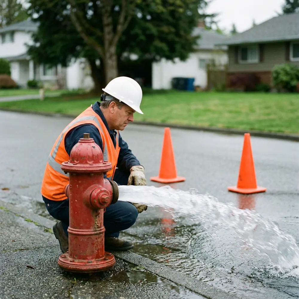 Water utility worker in a white hard hat and orange vest crouching by a red fire hydrant as a stream of water gushes across the street, a flow test like the backup restore tests remote DBA services run