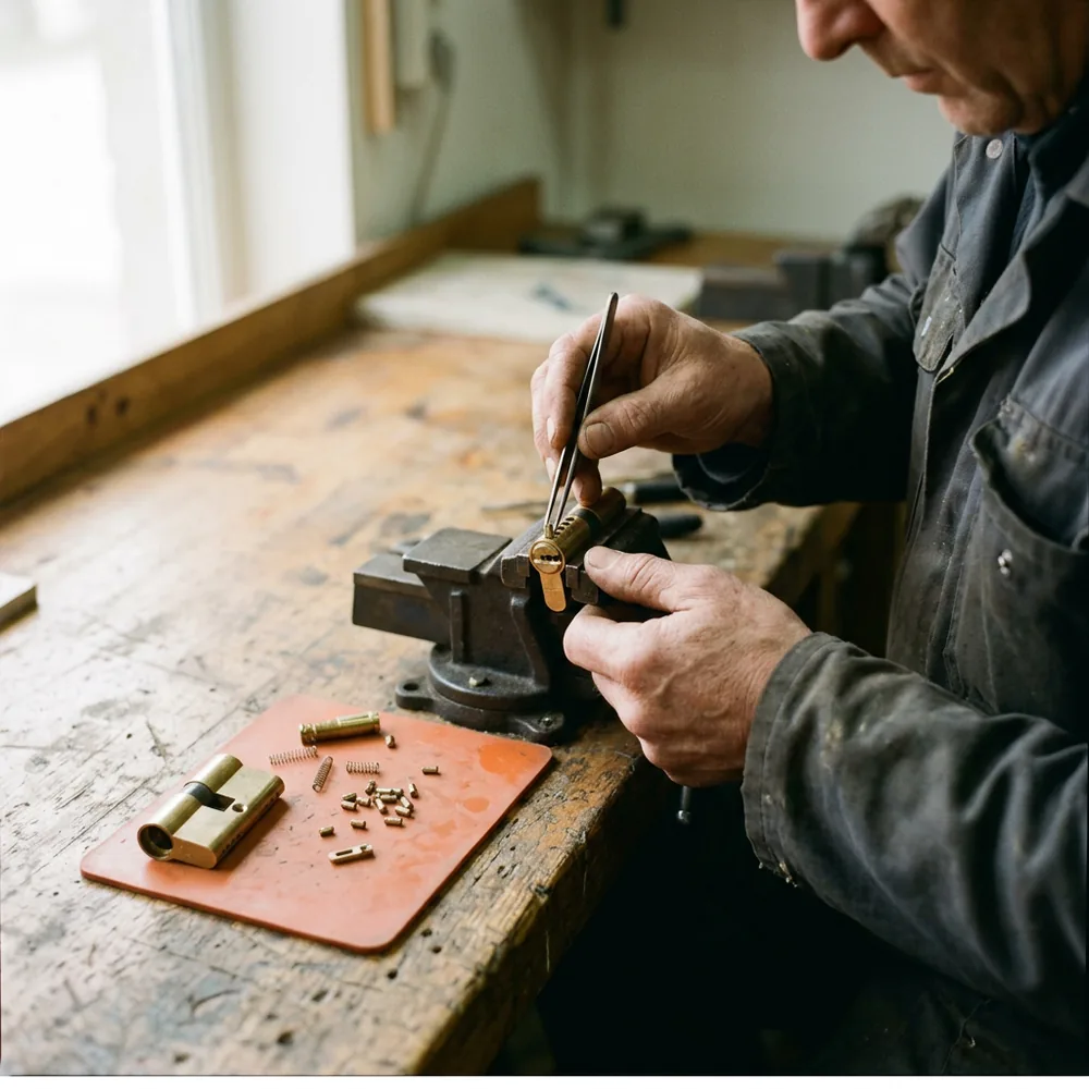 Locksmith using fine tweezers to set a brass pin in a lock cylinder held in a bench vise, with springs and pins on an orange mat, like rotating database credentials after a DBA leaves