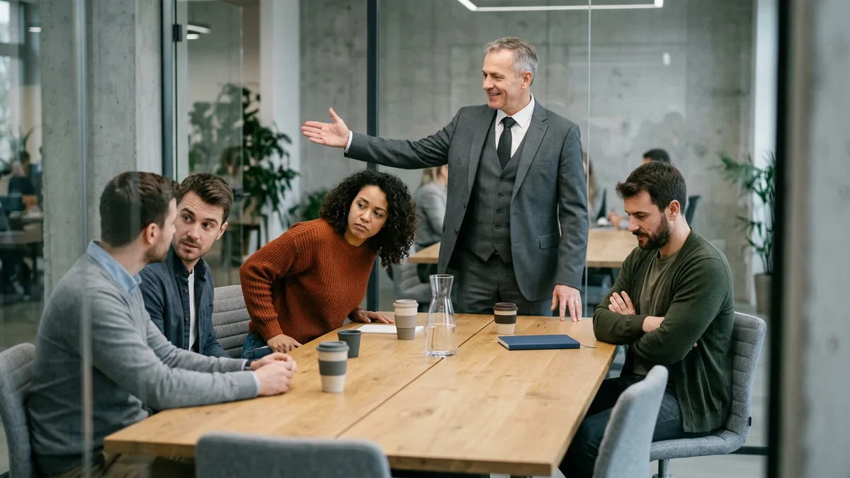 Executive in a gray suit gesturing toward the door while four software engineers at a conference table react with uncertain looks, one in a burnt orange sweater rising from her chair