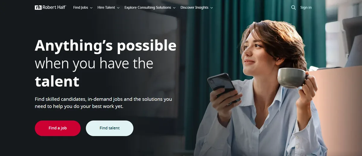 Robert Half homepage showing finance and accounting talent solutions, ranked number seven for 2026