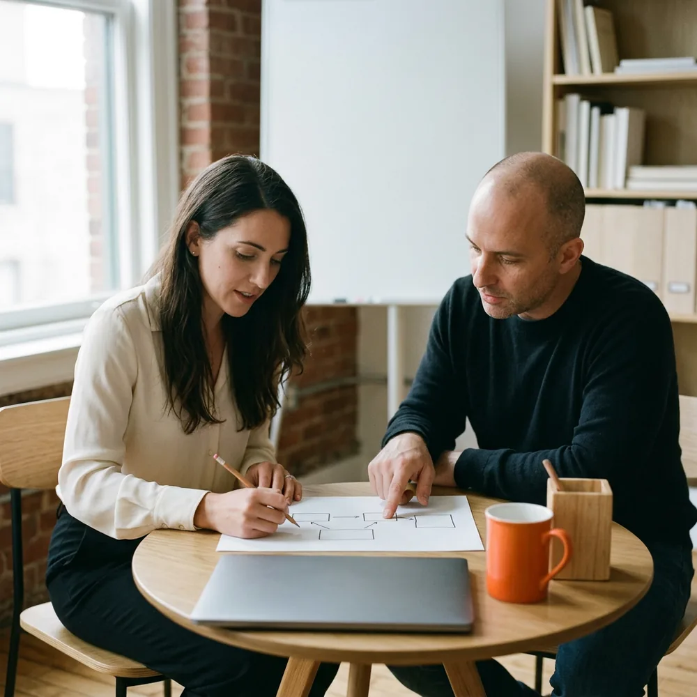 Business systems analyst sketches boxes and arrows on a sheet of paper while an RPA developer points to one step, at a small round table with a closed laptop and an orange mug