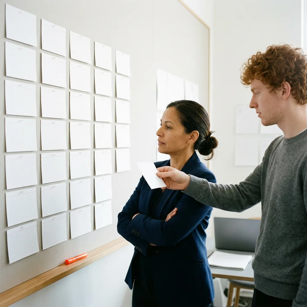 Automation lead stands at a wall of blank index cards pinned in columns while a colleague holds one card up to move it, an orange marker on the ledge below