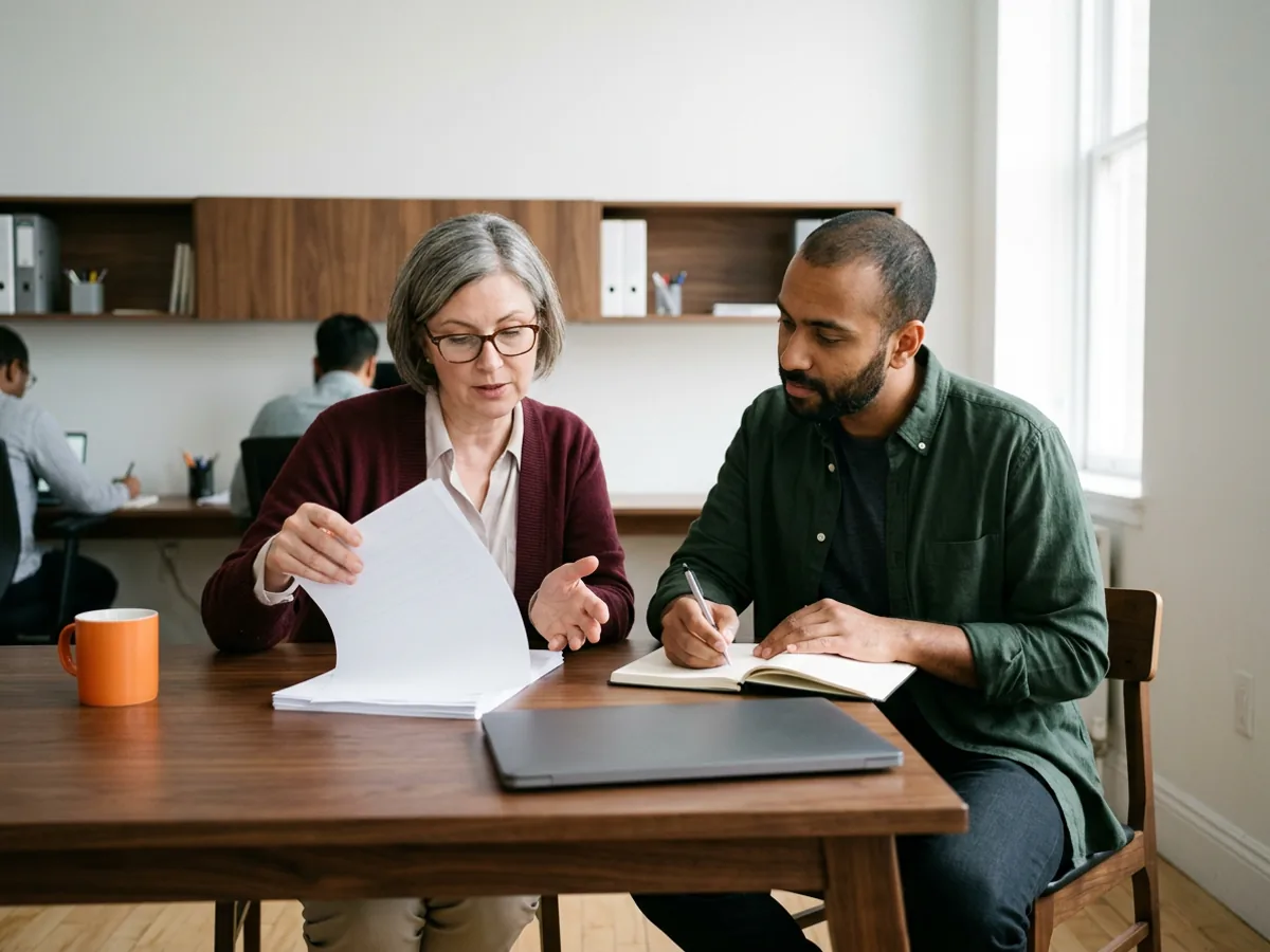 Automation developer takes notes in a blank notebook while an accounts payable clerk walks him through a stack of paper invoices at her desk, an orange mug beside them