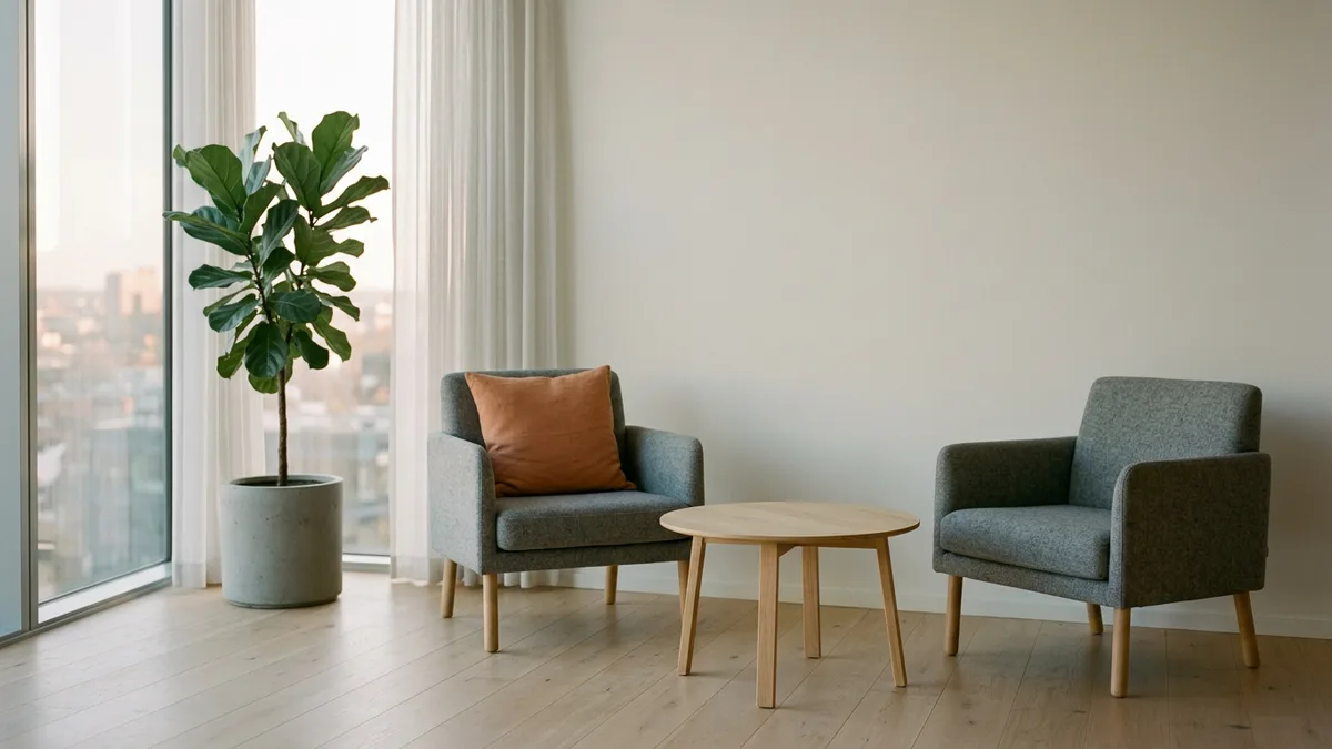 Two empty grey armchairs facing each other across a small round oak table by a window, one with an orange cushion, representing a salary offer conversation