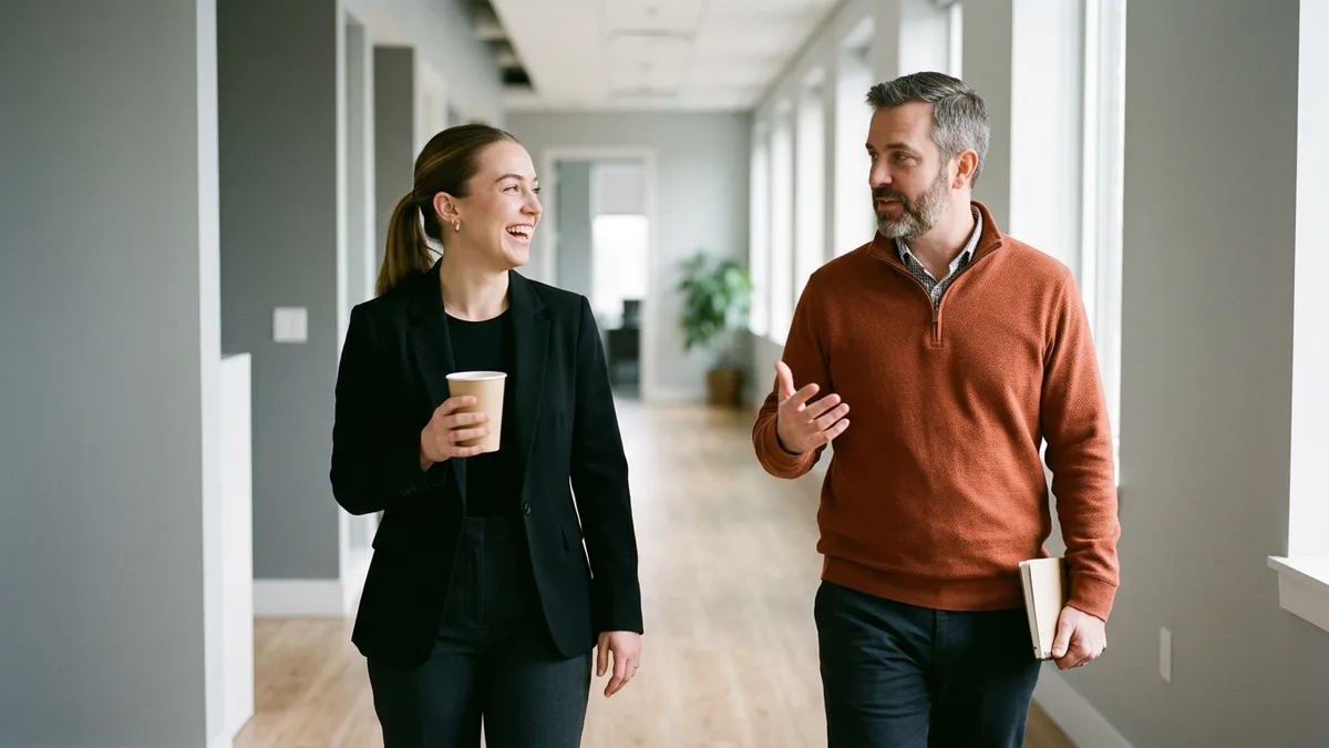 Account executive holding a coffee and a sales engineer in an orange quarter-zip talking as they walk down an office hallway