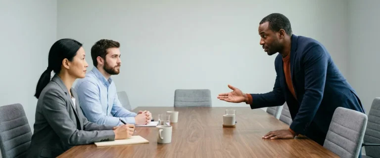 Sales engineer candidate in a navy blazer leaning across a conference table to ask a hiring panel of two a question during an interview