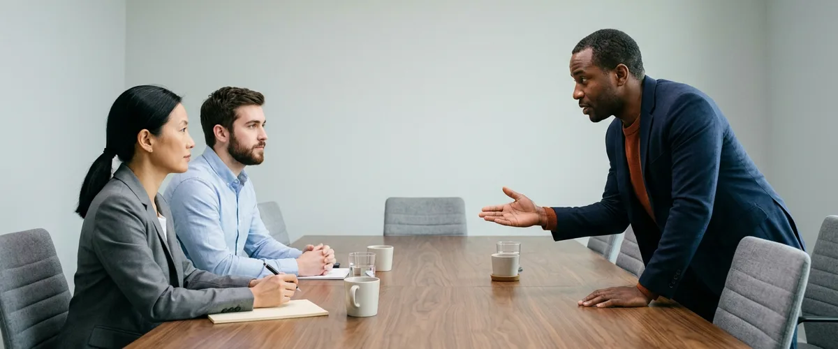 Sales engineer candidate in a navy blazer leaning across a conference table to ask a hiring panel of two a question during an interview