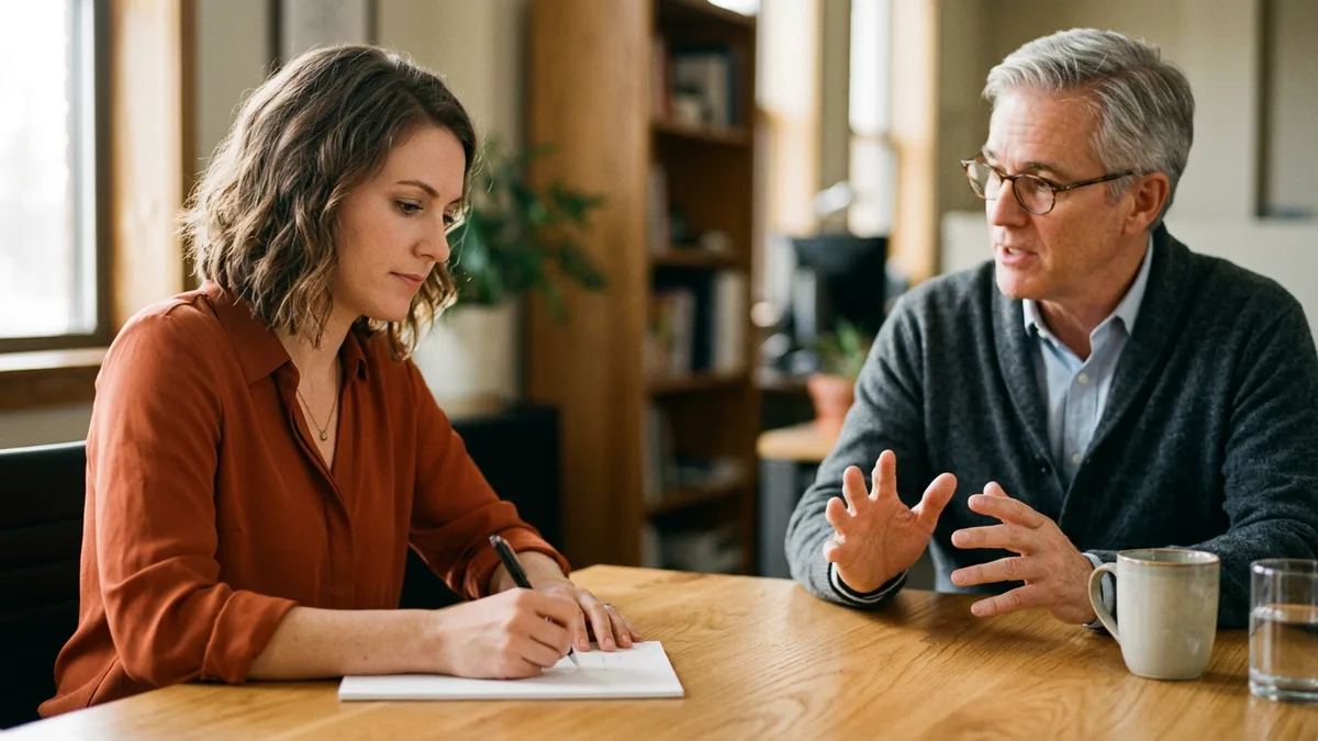 Sales engineer candidate in an orange blouse taking notes while an interviewer playing the buyer explains his problem in a mock discovery call