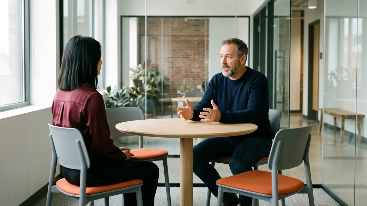 Sales leader explaining variable pay terms to a sales engineer at a small round table