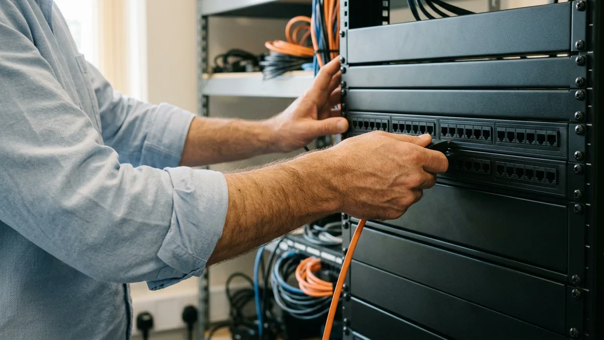 Sales engineer patching a network cable into a demo lab rack for a proof-of-concept environment