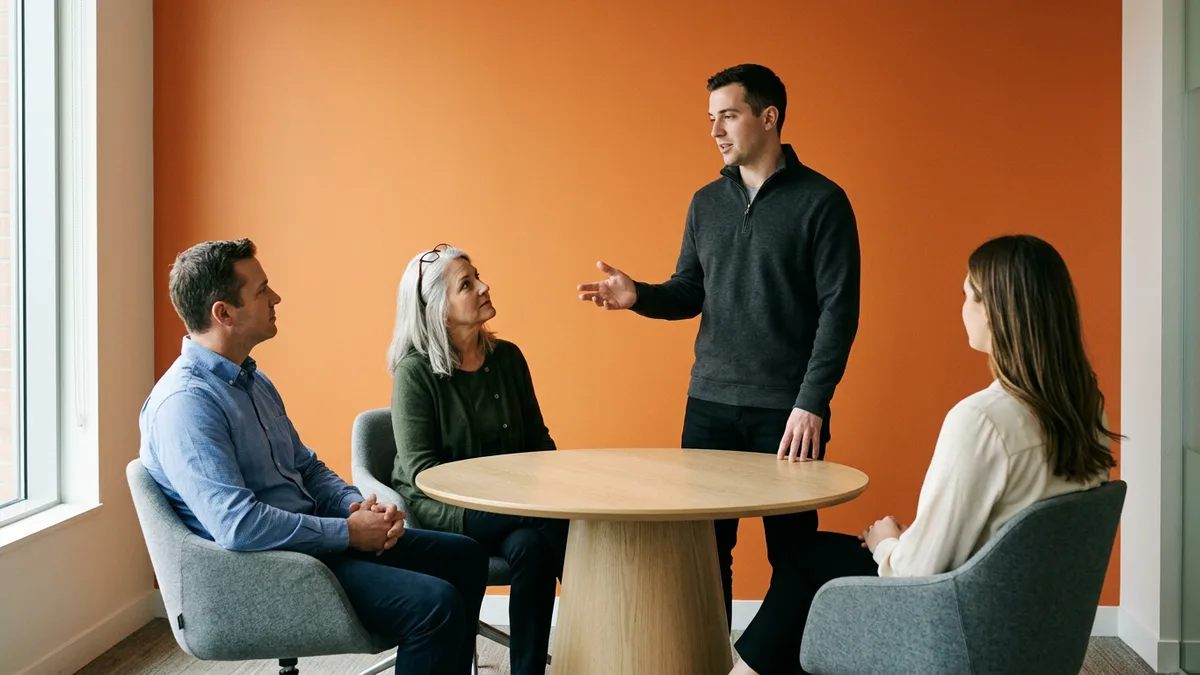 Sales engineer leading a technical discussion with a three-person buying committee at a round table