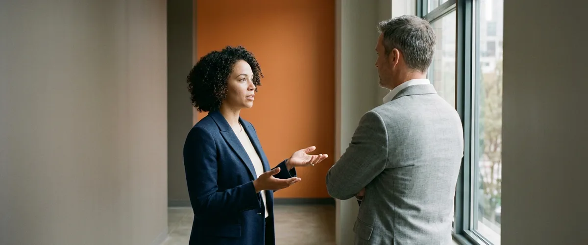 Sales engineer explaining a technical deal to an account executive beside an office window