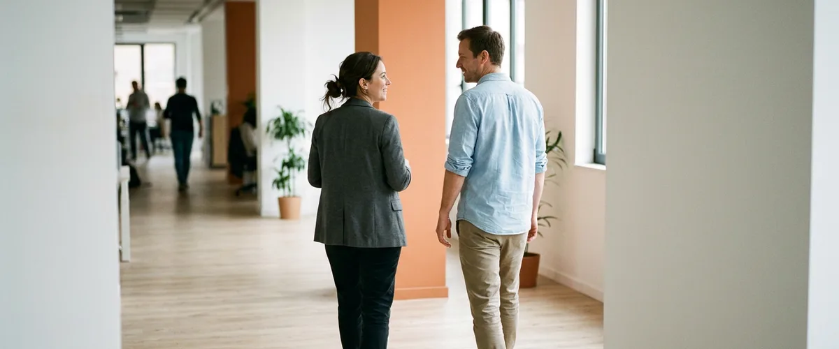 Two colleagues walking through an open-plan office corridor while discussing a Salesforce contractor budget